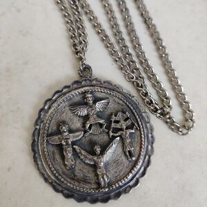 Vintage Native American Totem Pole Silver Metal Medallion Necklace